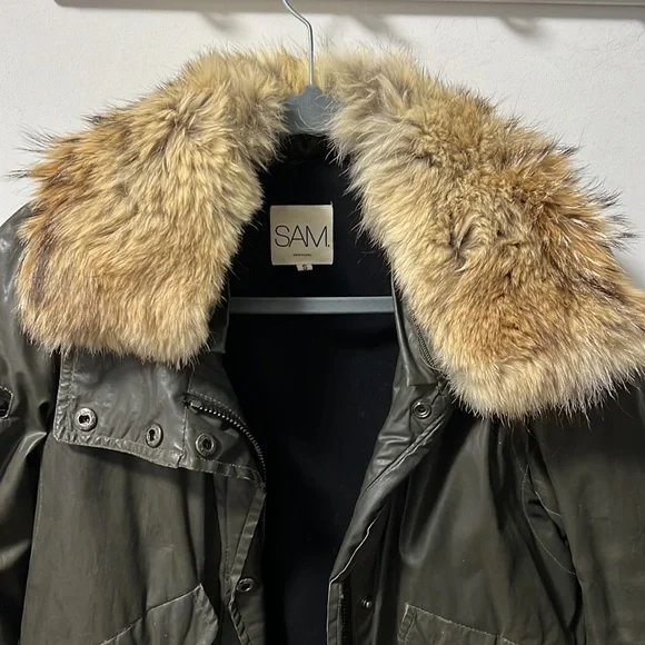 SAM. wax coated, green parka with fur trim, size small